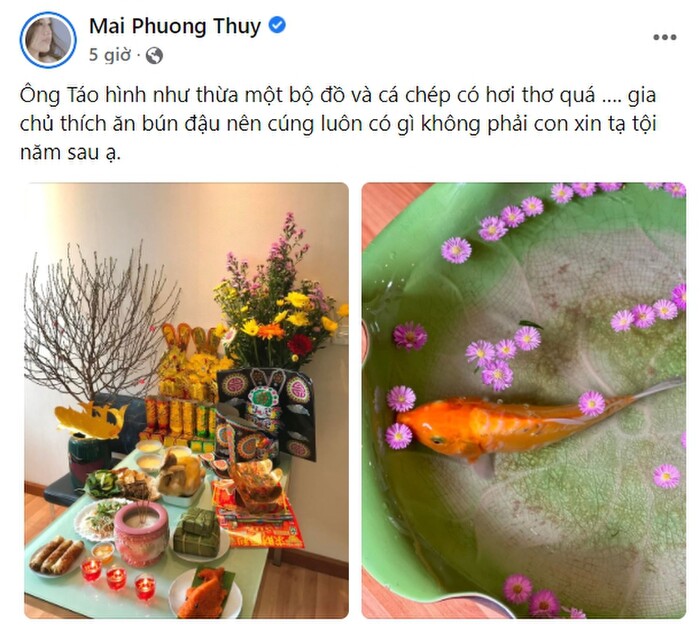 Sao Việt khoe mâm cúng ông Công ông Táo: Mai Phương Thúy gây sốc với bún đậu