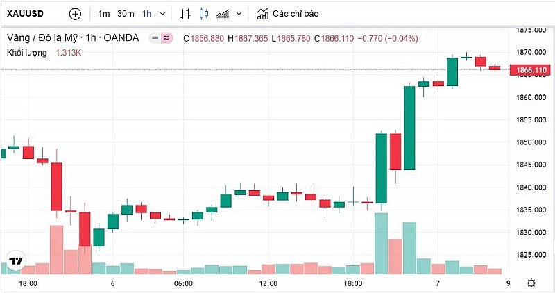 Giá vàng hôm nay 7/1: Vàng thế giới bật tăng mạnh, chạm mốc 1866 USD