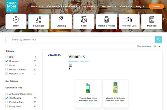 Vinamilk sở hữu các sản phẩm sữa tươi đầu tiên trên thế giới đạt chứng nhận từ tổ chức Clean Label Project của Mỹ.