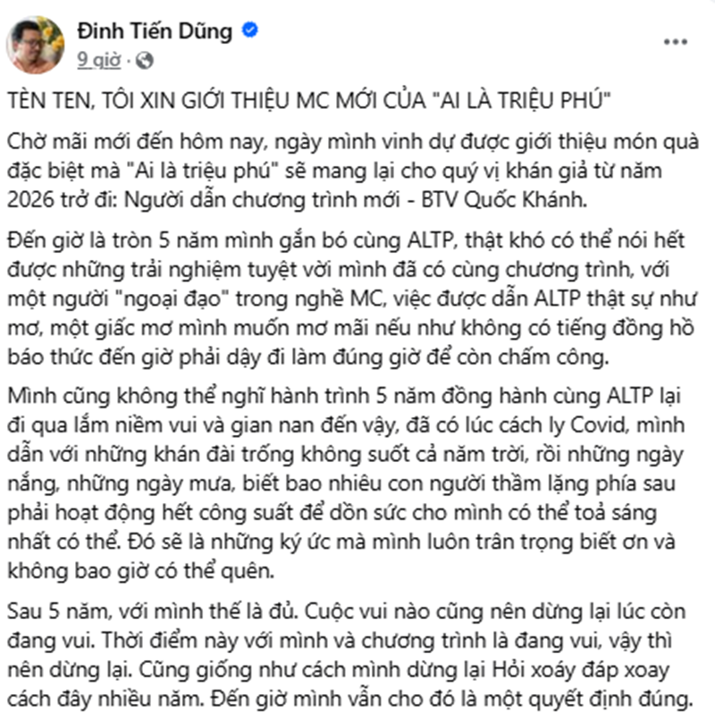 Đinh Tiến Dũng lên tiếng về việc rời Ai là triệu phú Đinh Tiến Dũng lên tiếng về việc rời Ai là triệu phú