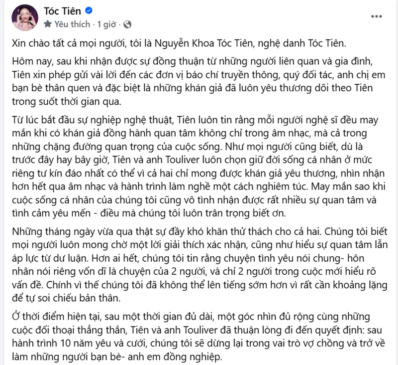 Tóc Tiên xác nhận ly hôn, nhắn nhủ chồng cũ điều đặc biệt