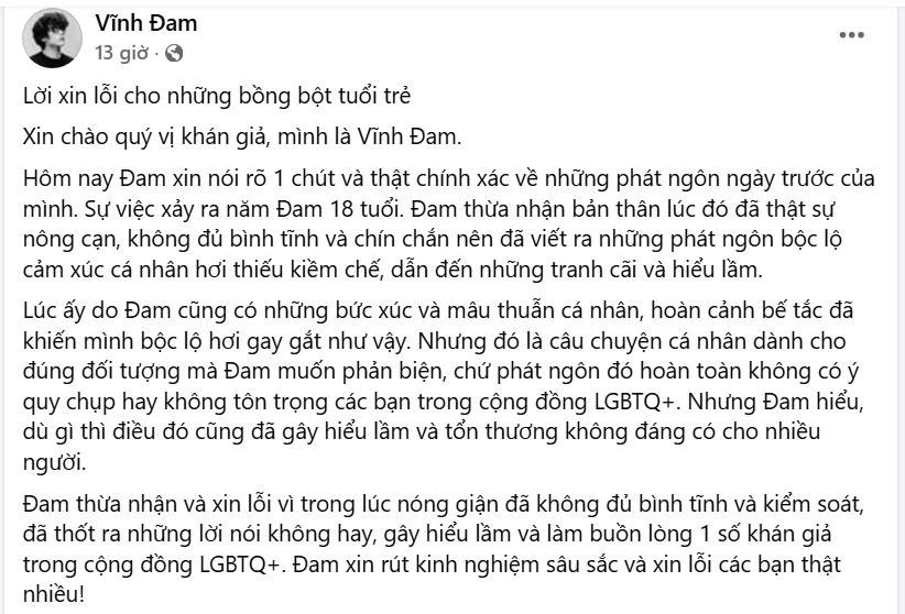 Vĩnh Đam - nam chính phim Trấn Thành xin lỗi vì ồn ào phát ngôn Vĩnh Đam - nam chính phim Trấn Thành xin lỗi vì ồn ào phát ngôn