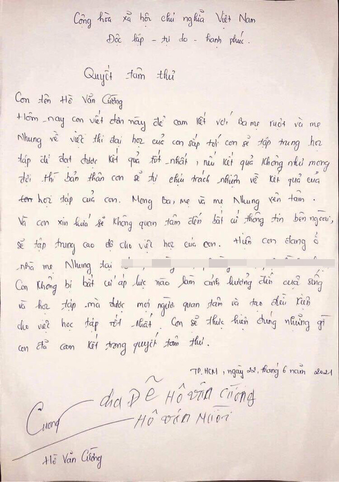 Xôn xao bức thư tay của Hồ Văn Cường gửi cố ca sĩ Phi Nhung trước kỳ thi Đại học