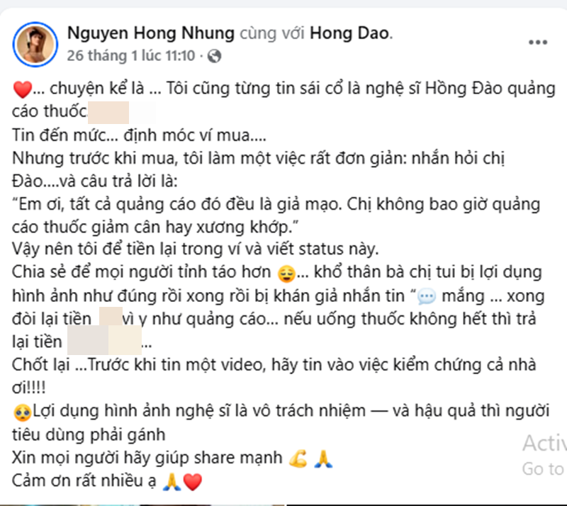 Diễn viên Hồng Đào bức xúc khi bị mạo danh quảng cáo dịp Tết