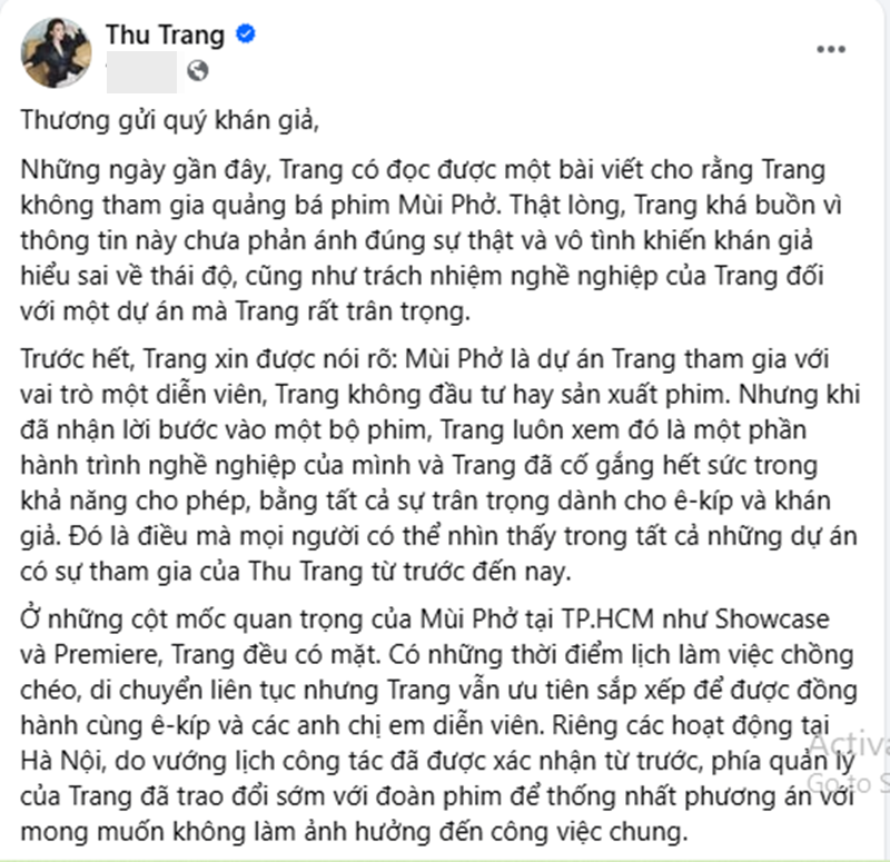 Thu Trang bác tin đồn rạn nứt ê-kíp phim “Mùi phở”, đạo diễn lên tiếng