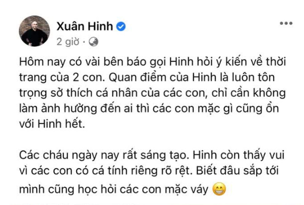 NS Xuân Hinh lên tiếng khi con rể mặc váy: “Các con có cá tính riêng, biết đâu sắp tới mình cũng học