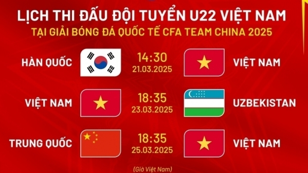 Lịch thi đấu của đội tuyển U22 Việt Nam tại giải bóng đá giao hữu quốc tế CFA Team China 2025