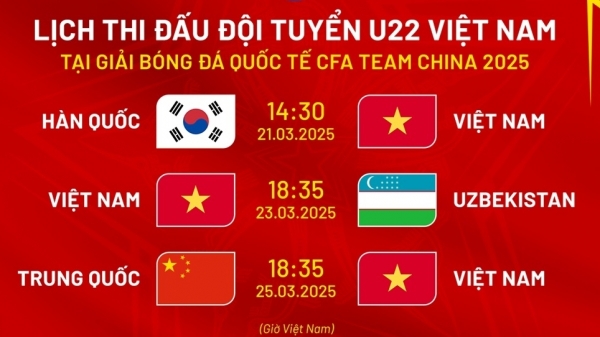 Lịch thi đấu của đội tuyển U22 Việt Nam tại giải bóng đá giao hữu quốc tế CFA Team China 2025