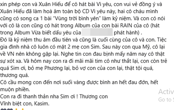 Ngọc Ánh xót xa khi Kasim Hoàng Vũ qua đời, nhớ thời anh còn nhỏ