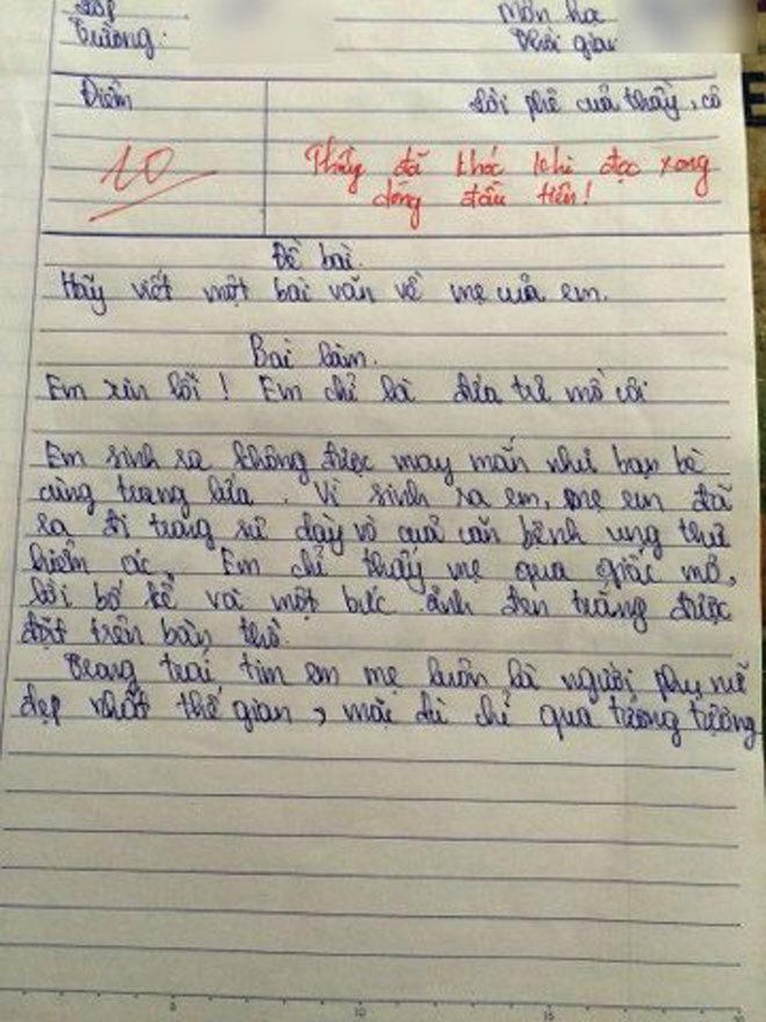 Bài văn của học trò lớp 6 được chấm điểm 10, thầy giáo bật khóc khi đọc dòng đầu tiên