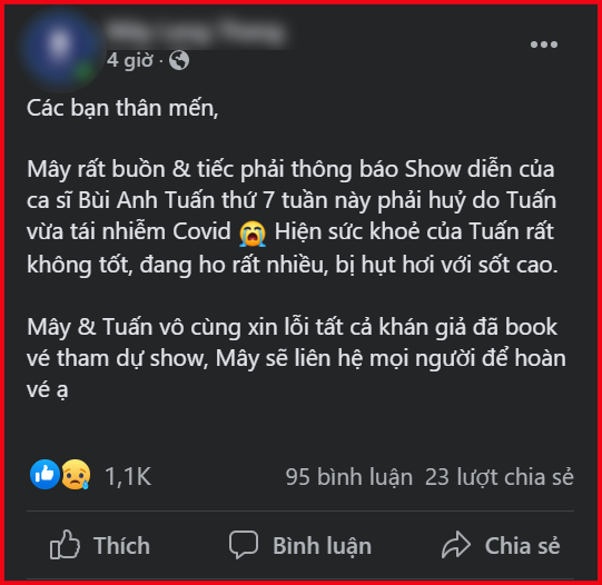 Một nam ca sĩ Vpop hủy show diễn vì tái nhiễm COVID-19, tình trạng sức khỏe hiện tại khiến fan xót xa