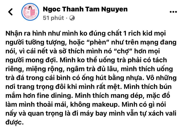 Rich kid Ngọc Thanh Tâm tự nhận mình 'phèn', thâm thúy 'cà khịa' ai đó: 'Đi máy bay vẫn tự xách vali'