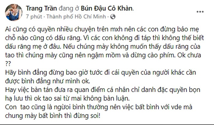 Bị cư dân mạng chế giễu 'lo chuyện bao đồng' Trang Trần đáp trả cực gắt