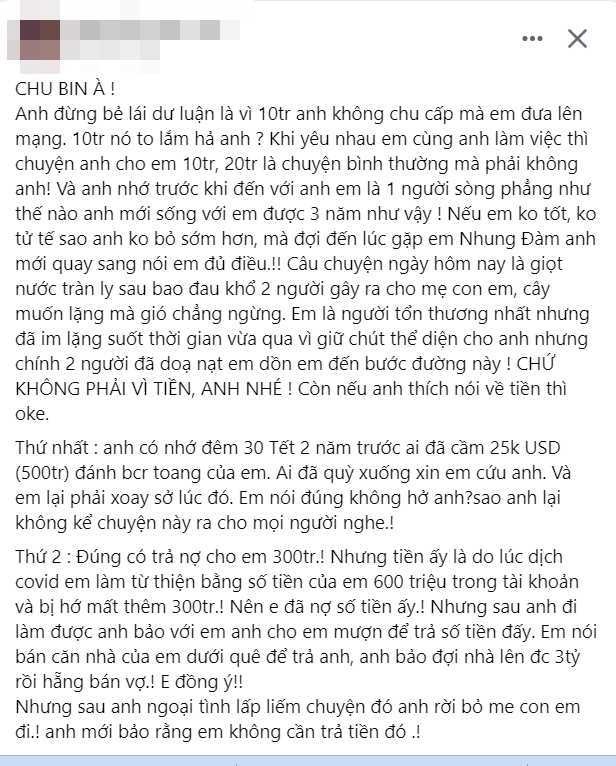 Chu Bin nói gánh nợ 500 triệu, mua nhà cho bạn gái, tình cũ phản pháo gắt