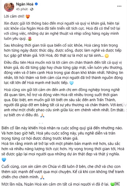 Ngân Hòa cảm ơn Trấn Thành sau biến cố sức khỏe
