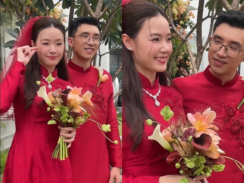 Midu và chồng kém tuổi đẹp đôi trong lễ ăn hỏi