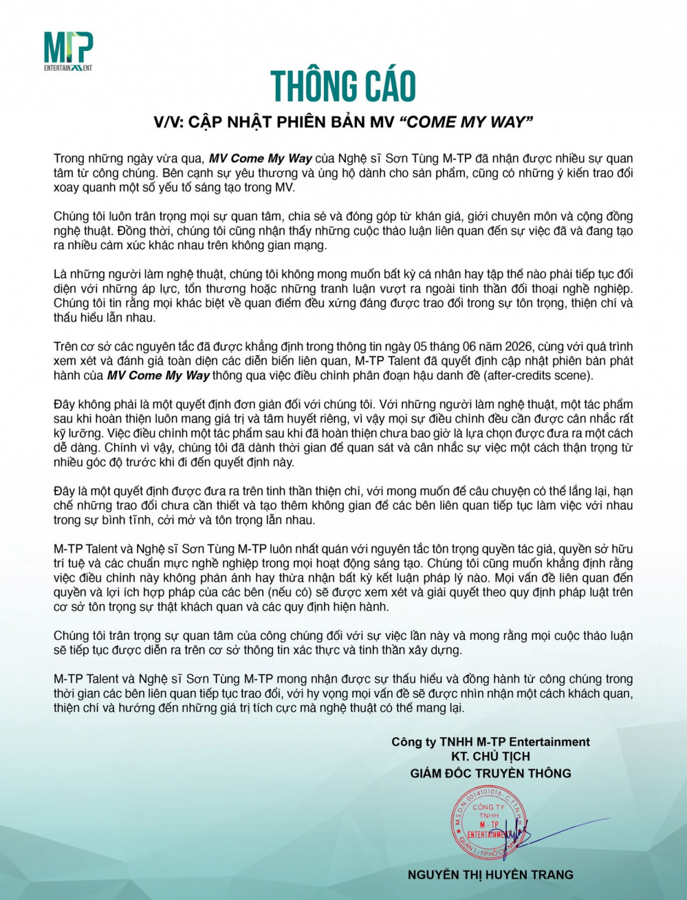 Sơn Tùng M-TP chính thức cắt bỏ phân cảnh gây tranh cãi bản quyền khỏi MV "Come My Way"