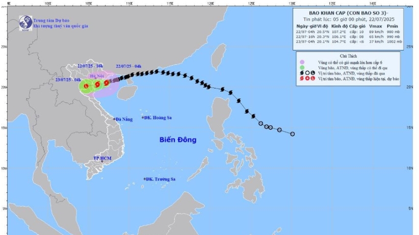 Bão Wipha mạnh lên giật cấp 12, tốc độ khoảng 15km/h