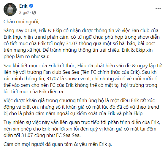 Erik lên tiếng về việc fan club bị chỉ trích khi thực hiện trào lưu phản cảm