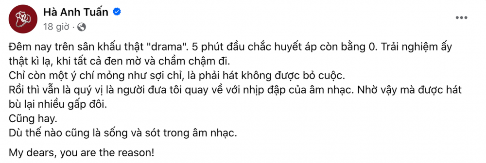 Hà Anh Tuấn nói gì về sự cố tụt huyết áp khi đang diễn?