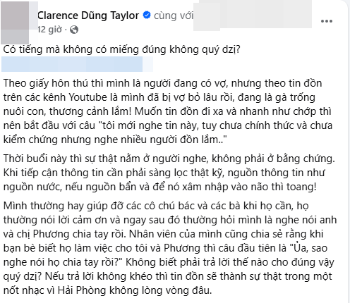 Dũng Taylor lên tiếng về tin đồn ly hôn Thu Phương
