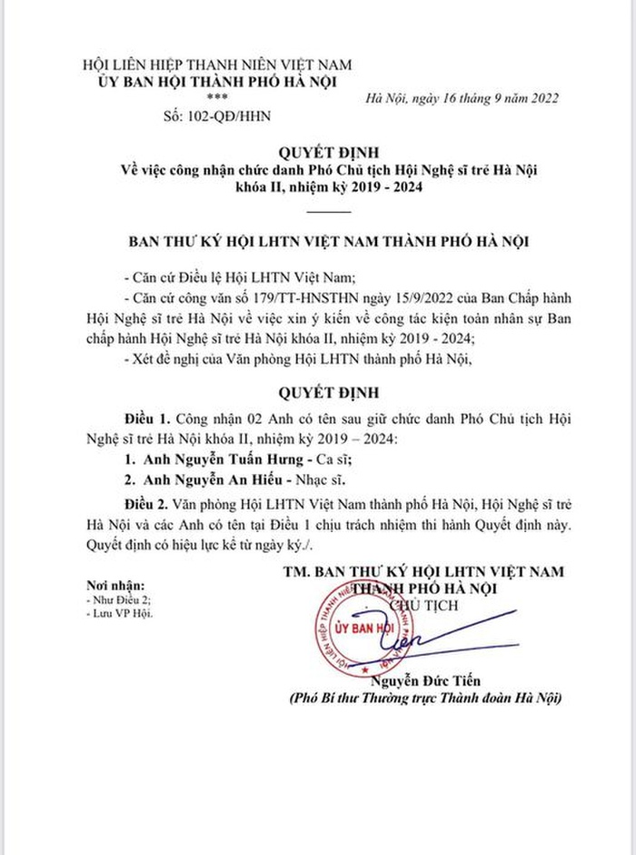 Tuấn Hưng 'trân trọng, tự hào' khi được nhận chức danh Phó Chủ tịch Hội nghệ sĩ trẻ Hà Nội