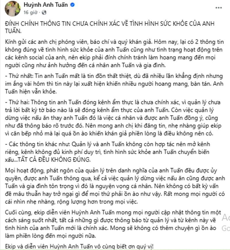 Phía Huỳnh Anh Tuấn làm rõ nhiều tin đồn thất thiệt