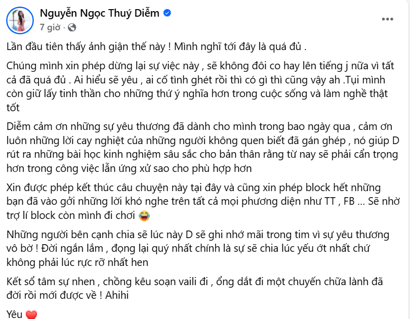 Thúy Diễm lên tiếng sau khi chồng phủ nhận tin đồn ly hôn