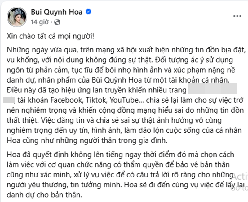 Bùi Quỳnh Hoa lên tiếng sau khi nhờ pháp luật can thiệp để bảo vệ bản thân