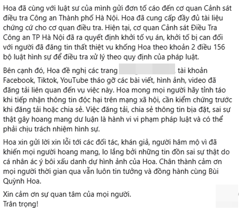 Bùi Quỳnh Hoa lên tiếng sau khi nhờ pháp luật can thiệp để bảo vệ bản thân