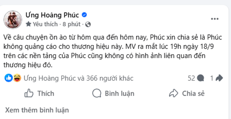 Ưng Hoàng Phúc lên tiếng về ồn ào MV