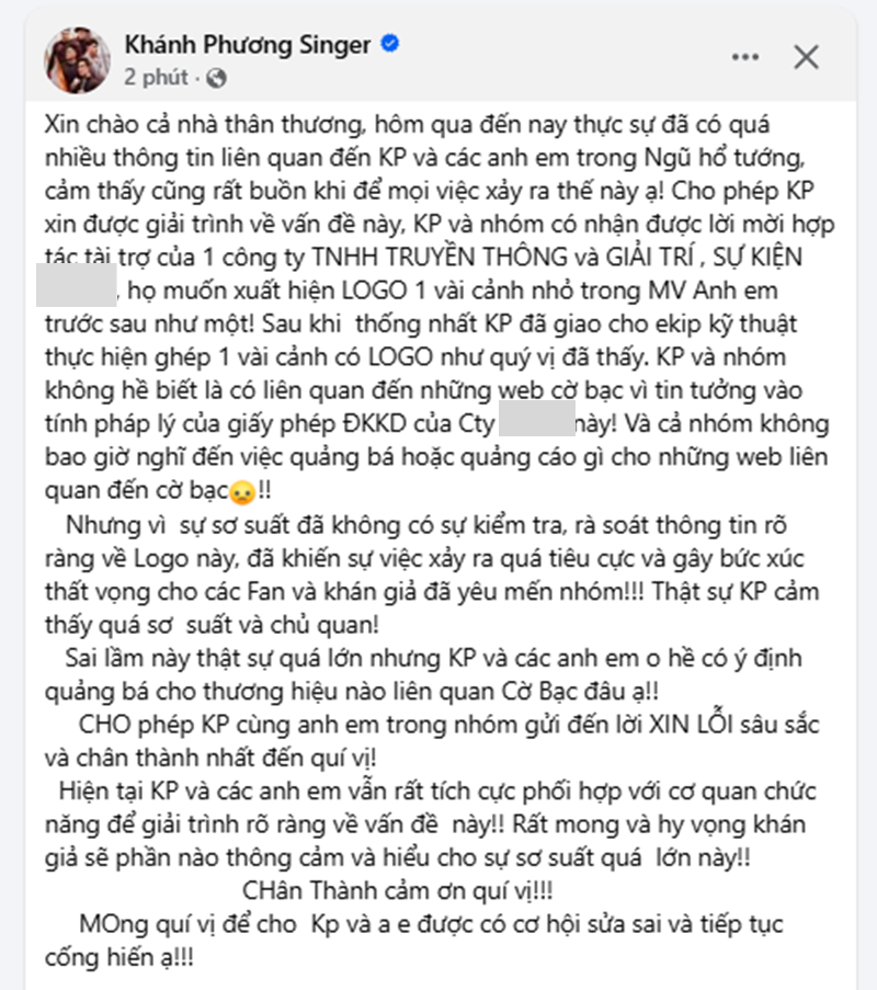 Khánh Phương giải thích về vụ MV vướng nghi vấn quảng cáo trang cá cược