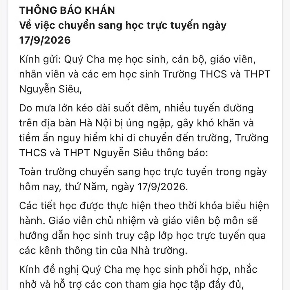 Mưa ngập, nhiều trường Hà Nội cho học sinh nghỉ hoặc học trực tuyến