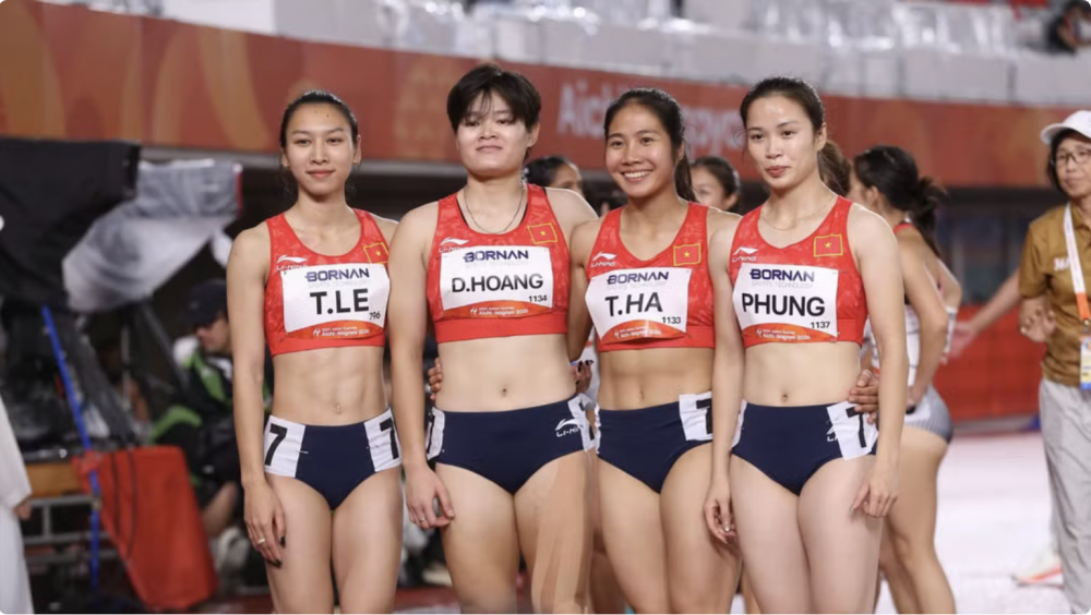 Các cô gái Việt Nam vào chung kết tiếp sức 4x100m nữ. (Ảnh: Bùi Lượng)