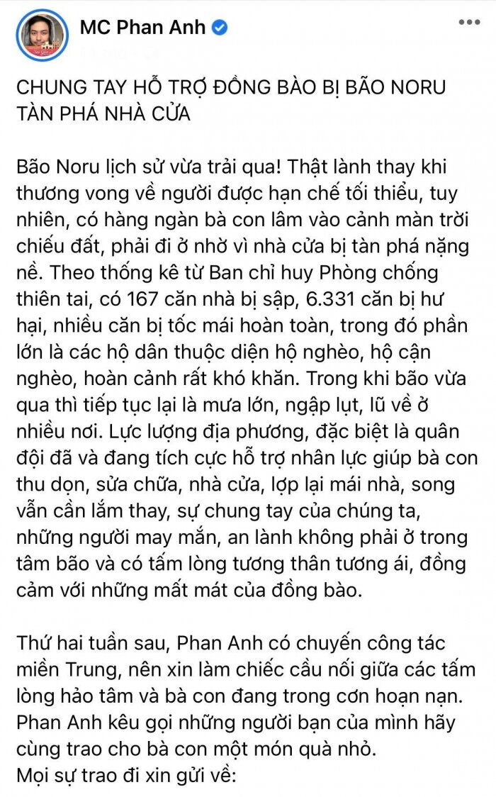 MC Phan Anh kêu gọi ủng hộ đồng bào miền Trung, 'vén màn' số tiền thu được sau một đêm