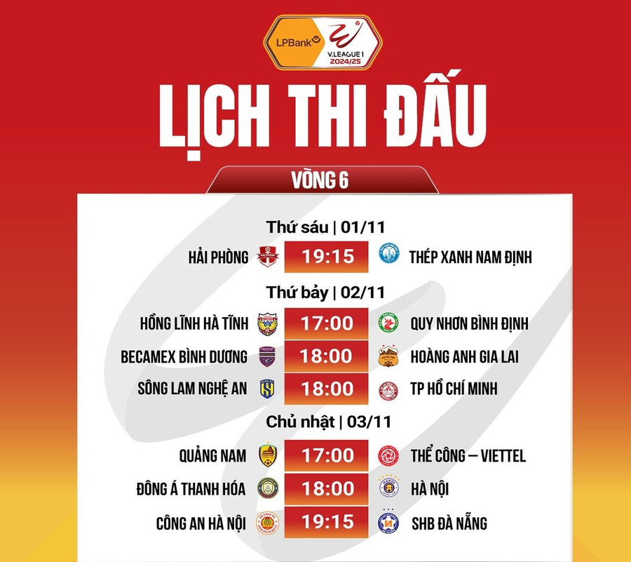 Lịch thi đấu vòng 6 V-League 2024/25