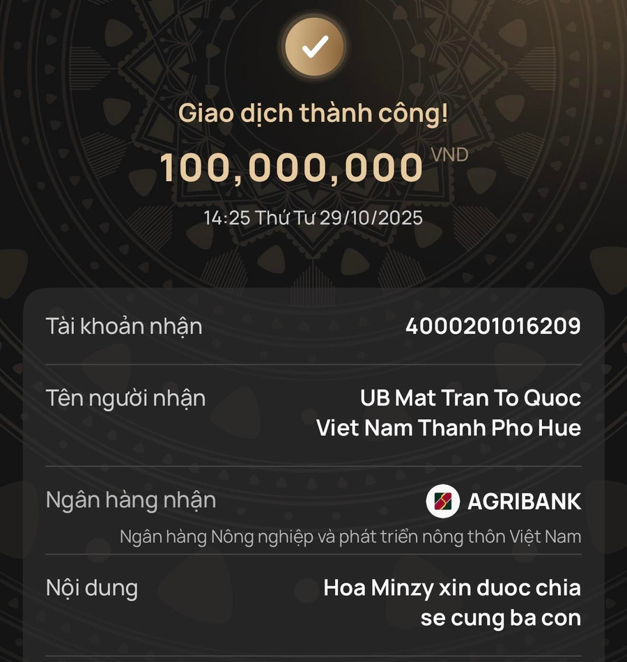 Hòa Minzy gửi gắm yêu thương, ủng hộ 100 triệu giúp người dân Huế vượt mưa lũ