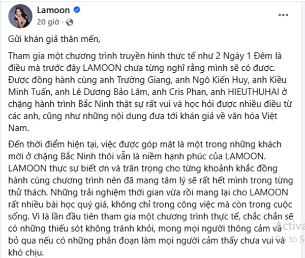 "Em xinh" Lamoon xin lỗi vì ồn ào được Trường Giang động viên