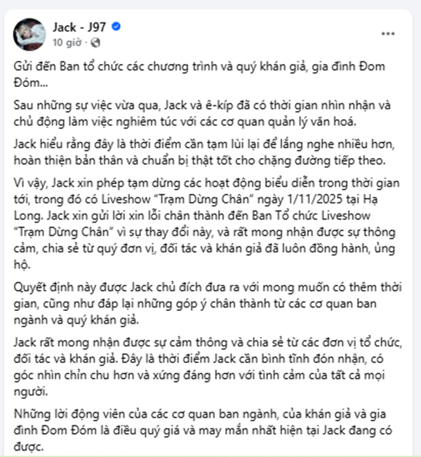 Lý do ca sĩ Jack tạm dừng hoạt động Lý do ca sĩ Jack tạm dừng hoạt động