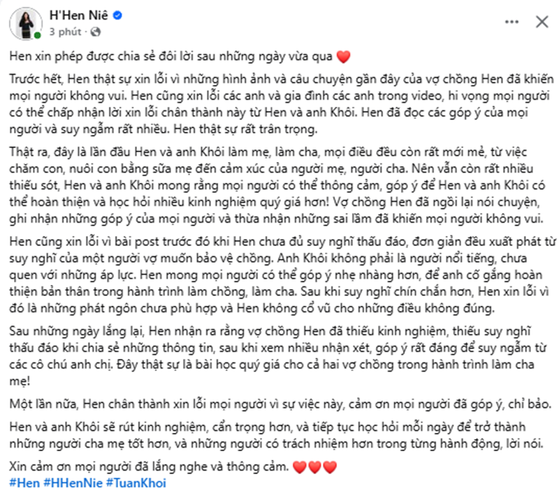 H’hen Niê viết tâm thư xin lỗi về ồn ào của chồng