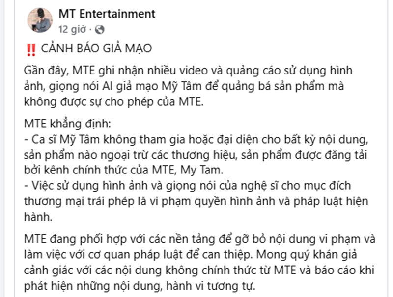 Nữ ca sĩ Mỹ Tâm cảnh báo về mạo danh và sử dụng AI trái phép