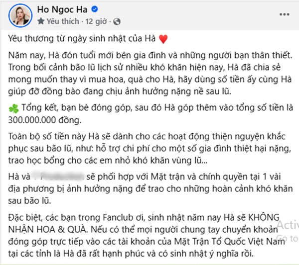 Hồ Ngọc Hà cùng bạn bè ủng hộ trăm triệu đồng từ thiện