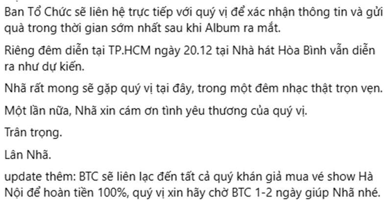Ca sĩ Lân Nhã tiết lộ lý do hủy concert tại Hà Nội Ca sĩ Lân Nhã tiết lộ lý do hủy concert tại Hà Nội