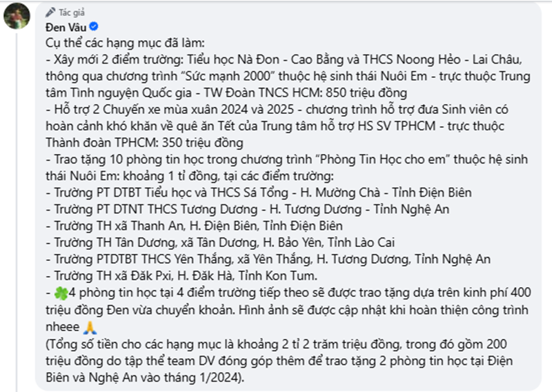 Rapper Đen chi bao nhiêu tiền cho dự án Nuôi Em? Rapper Đen chi bao nhiêu tiền cho dự án Nuôi Em?