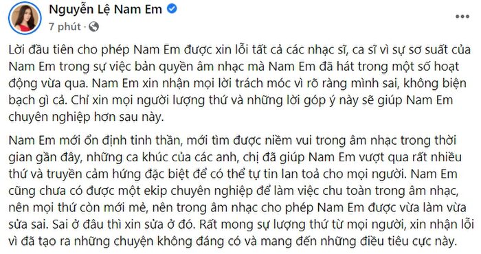 Nam Em l&ecirc;n tiếng sau khi bị tố 'x&agrave;i ch&ugrave;a' nhạc để đi h&aacute;t m&agrave; kh&ocirc;ng xin ph&eacute;p: 'Xin nhận mọi lời tr&aacute;ch m&oacute;c' Ảnh 2