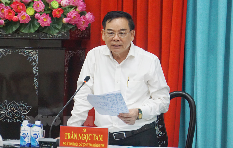 Chủ tịch UBND tỉnh Trần Ngọc Tam trao đổi tại cuộc họp.