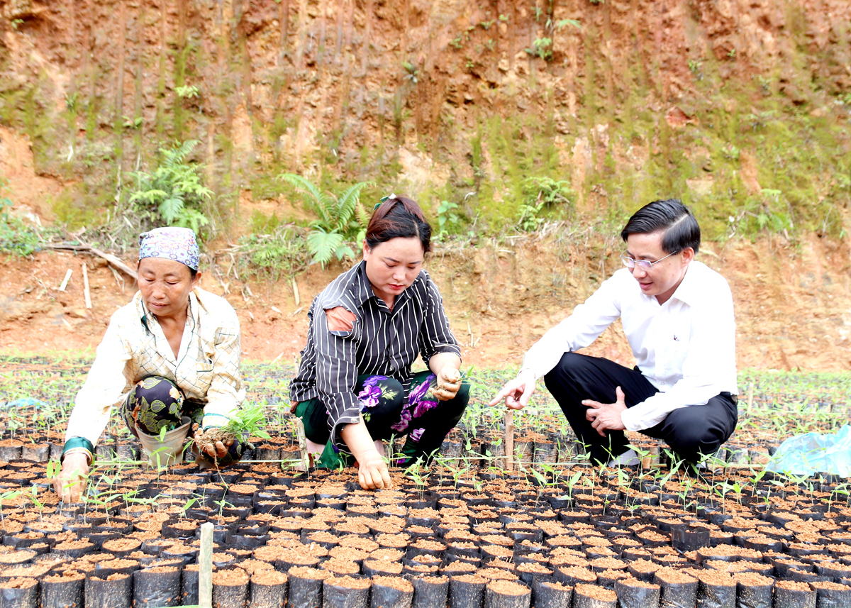 Bí thư Đảng ủy, Chủ tịch HĐND xã Hữu Sản, Nguyễn Bá Tuấn thăm, động viên bà con phát triển kinh tế.