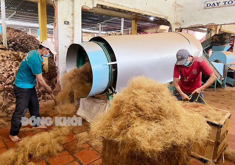 Sản xuất chỉ xơ dừa tại Hợp tác xã Nông nghiệp Định Thủy. Ảnh: Hoàng Trung