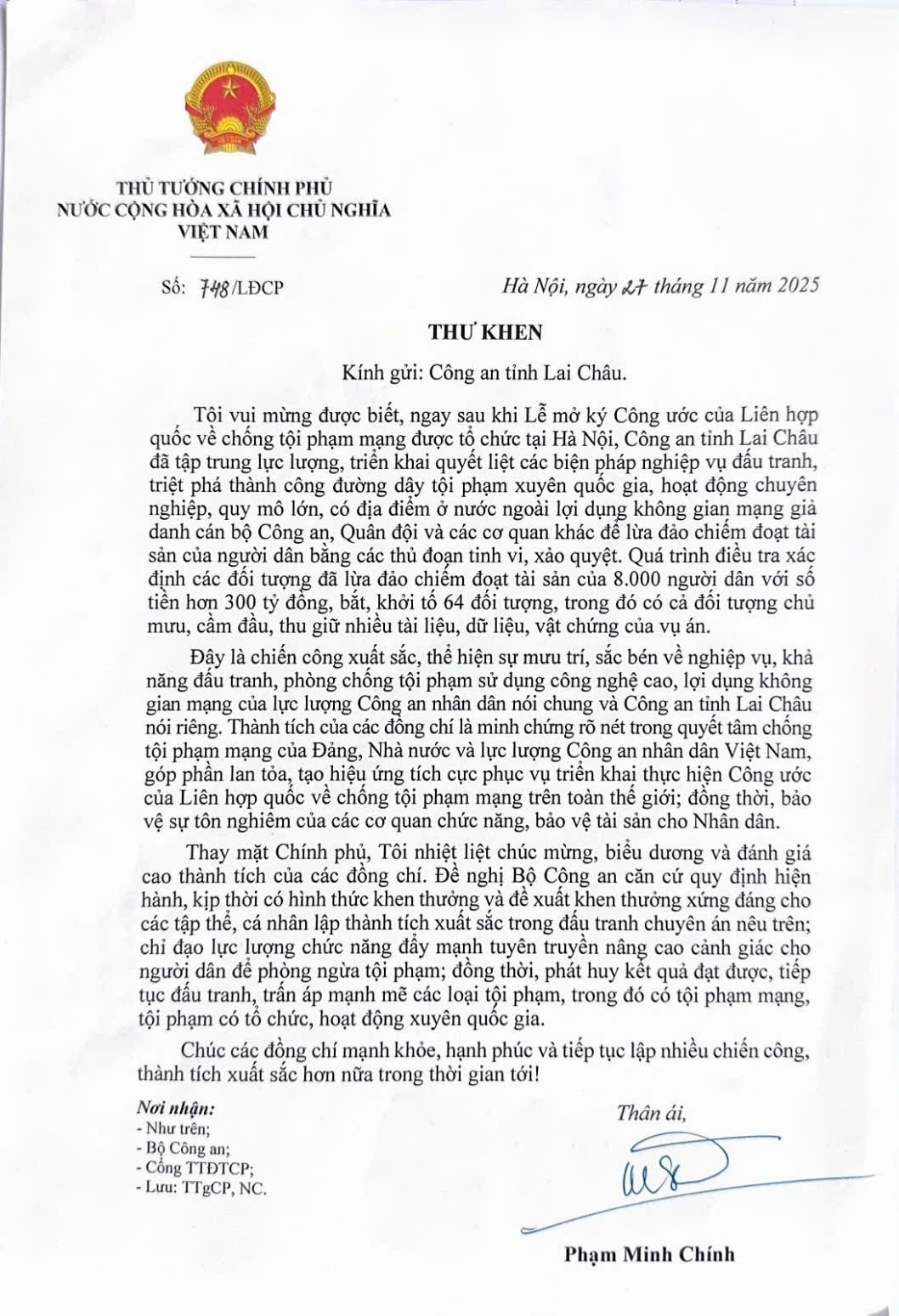 Thủ tướng Chính phủ gửi thư khen Công an tỉnh Lai Châu