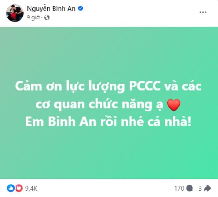 Diễn viên Bình An bị mắc kẹt trên nóc nhà vì hỏa hoạn, tình hình hiện tại ra sao?